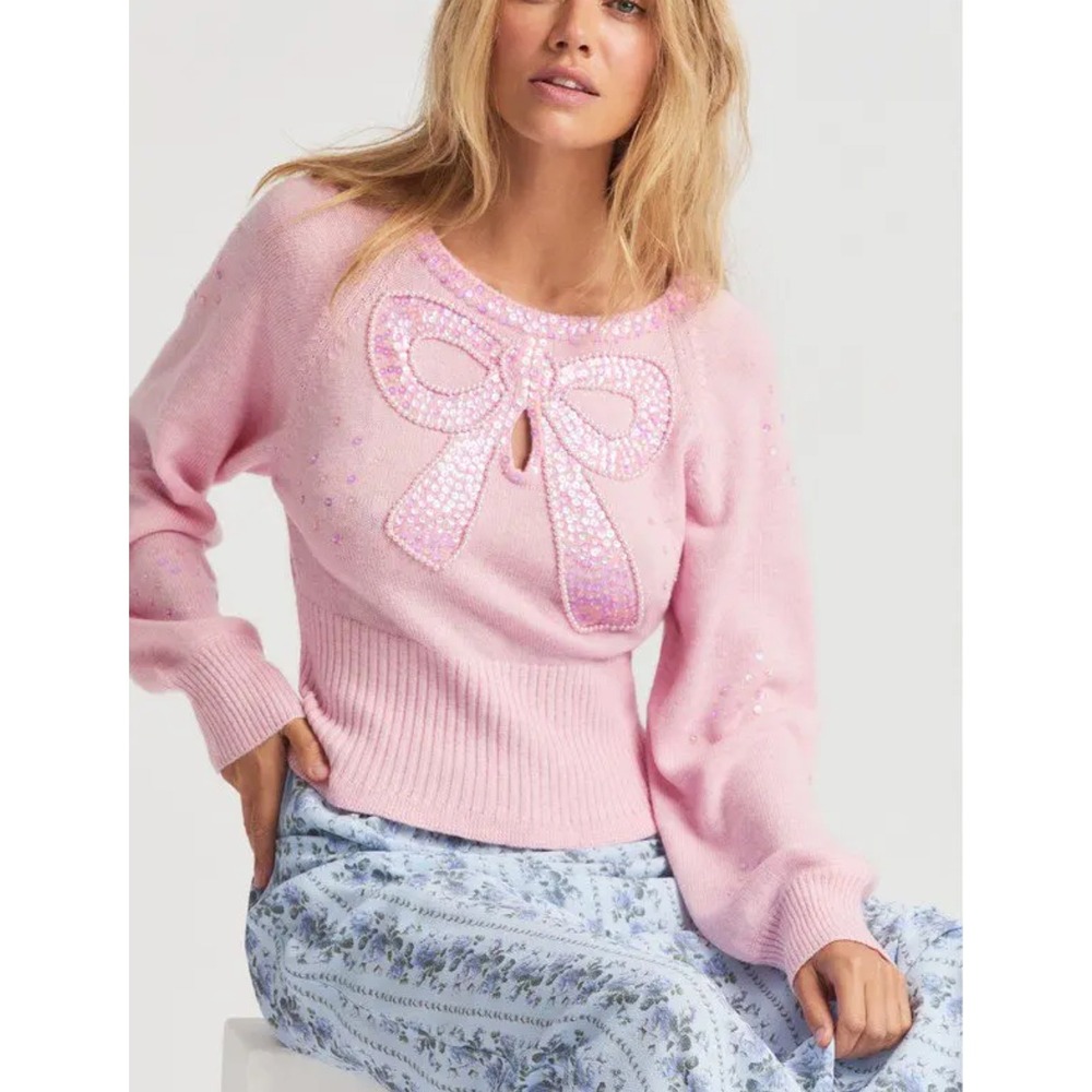 LoveShackFancy Doodle Pink Sequin Bow Pearl Embellished Merino Wool Sweater S